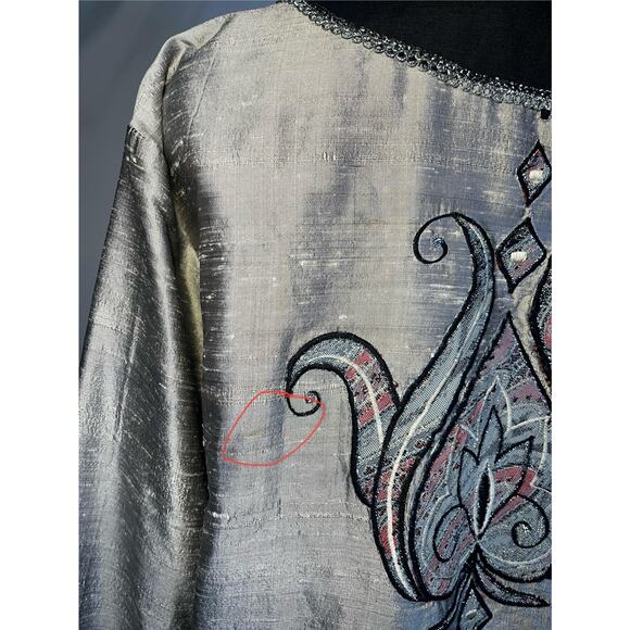 Stephanie Thomas Jacket Womens Large Silver Silk Embroidered Open Front Boho - Picture 7 of 13
